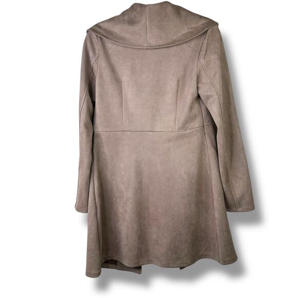 Solitaire Soft Taupe Faux Suede Shawl Waterfall Collar Duster Draped Fit Jacket - Picture 5 of 6